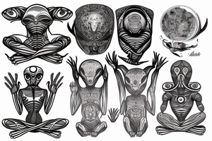 full body of alien meditating that's symmetric not much detail tattoo idea