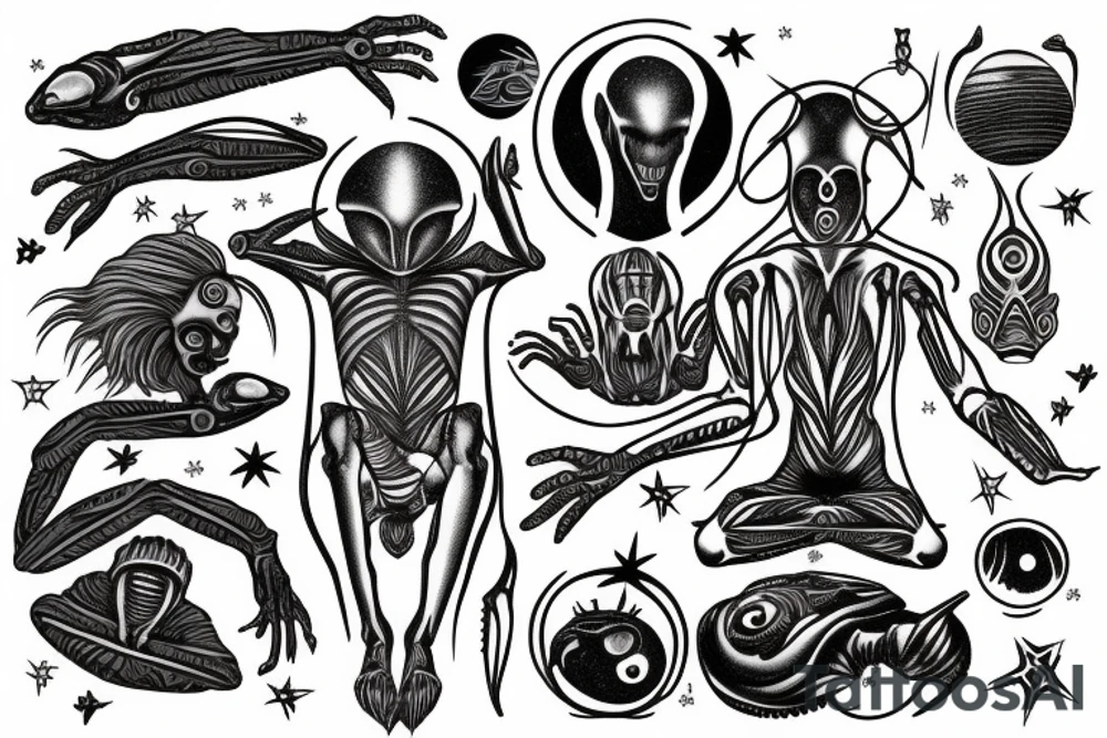 full body of alien meditating that's symmetric not much detail tattoo idea