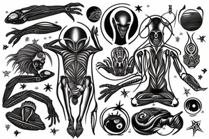 full body of alien meditating that's symmetric not much detail tattoo idea