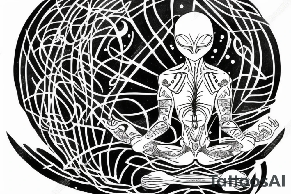 full body of alien meditating that's symmetric not much detail tattoo idea
