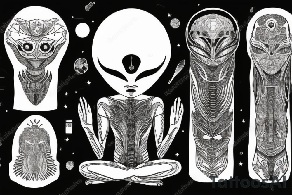 full body of alien meditating that's symmetric not much detail tattoo idea