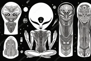 full body of alien meditating that's symmetric not much detail tattoo idea