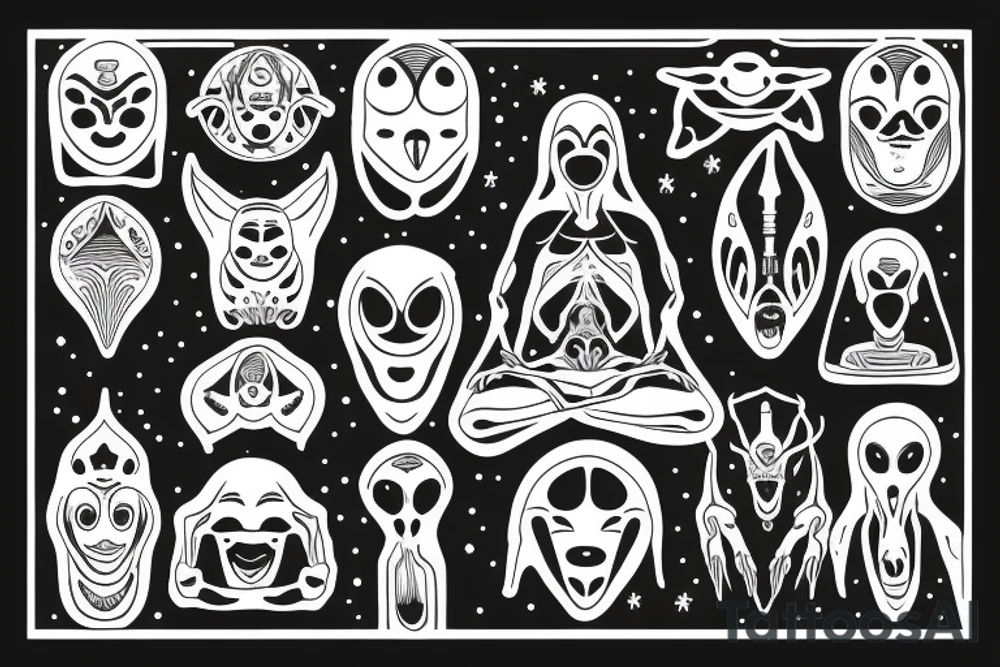 simple full body of alien meditating that's symmetric tattoo idea