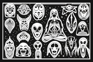 simple full body of alien meditating that's symmetric tattoo idea