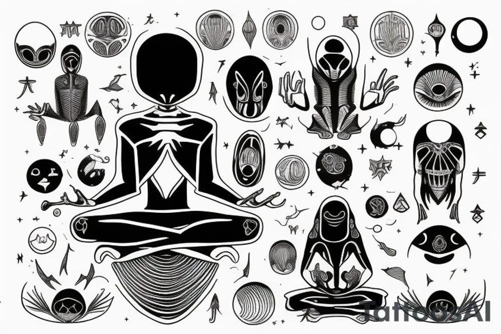 simple full body of alien meditating that's symmetric tattoo idea