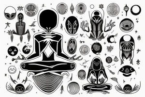 simple full body of alien meditating that's symmetric tattoo idea