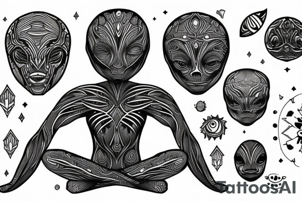 simple full body alien meditating that's symmetric tattoo idea
