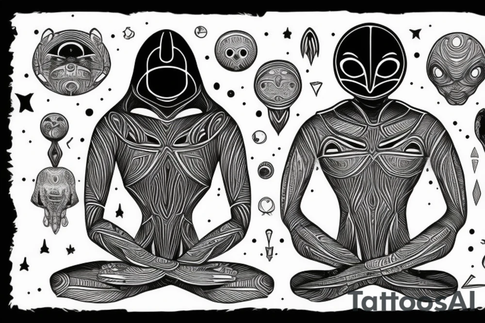 simple full body alien meditating that's symmetric tattoo idea