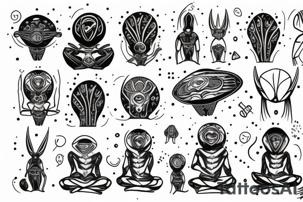 simple full body alien meditating that's symmetric tattoo idea