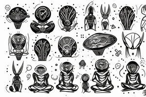 simple full body alien meditating that's symmetric tattoo idea