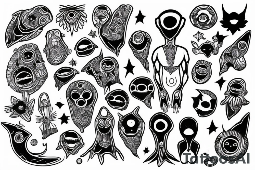 simple full body alien meditating that's symmetric tattoo idea
