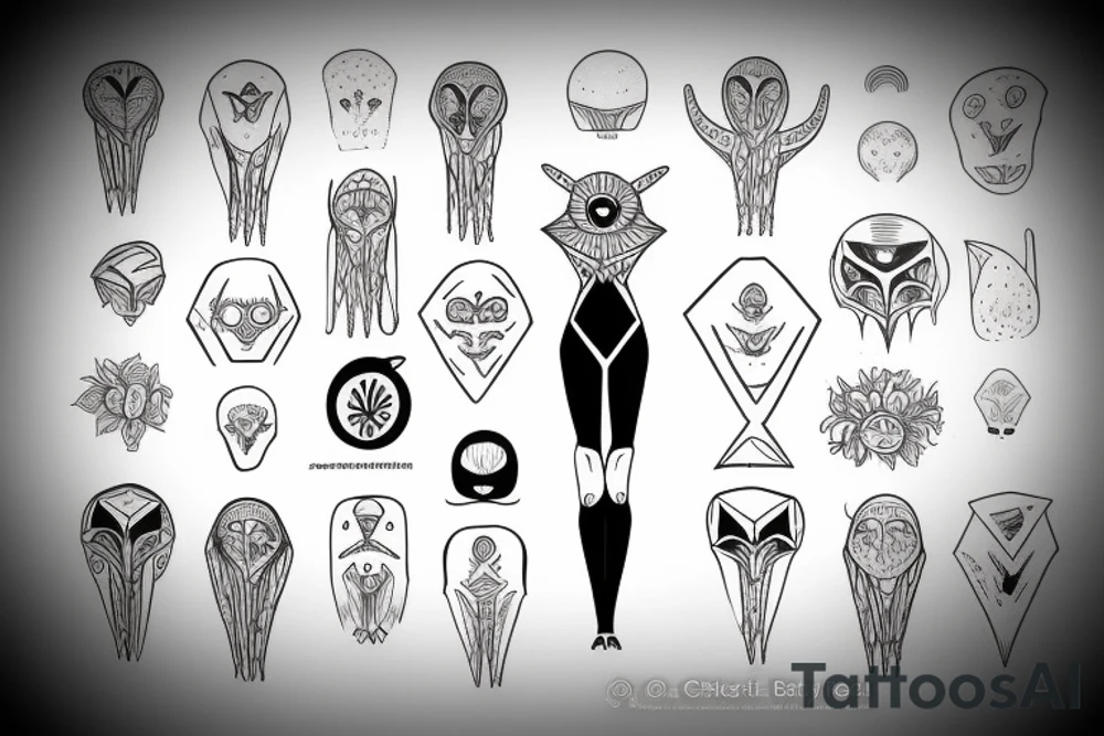simple full body alien meditating that's symmetric tattoo idea