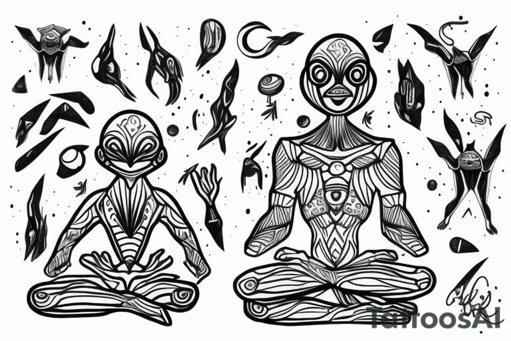 simple full body alien meditating that's symmetric tattoo idea