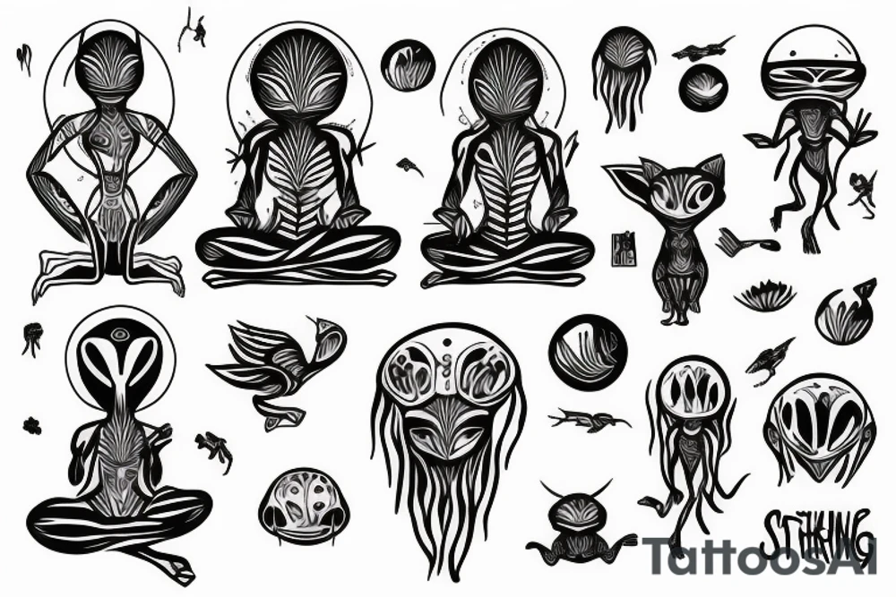 simple full body alien meditating tattoo idea