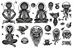 simple full body alien meditating tattoo idea