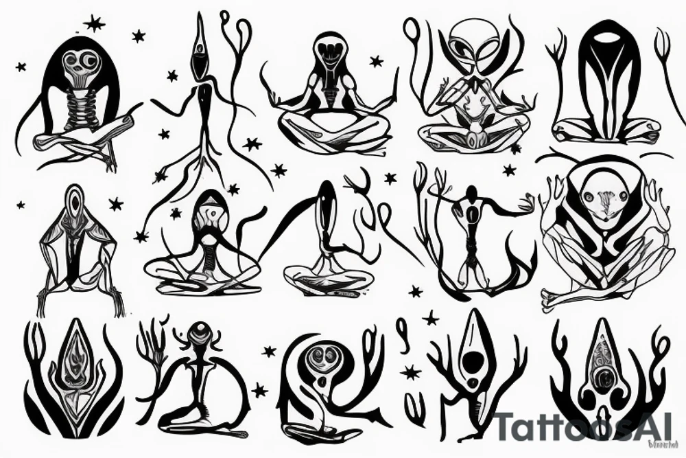simple full body alien meditating line work tattoo idea
