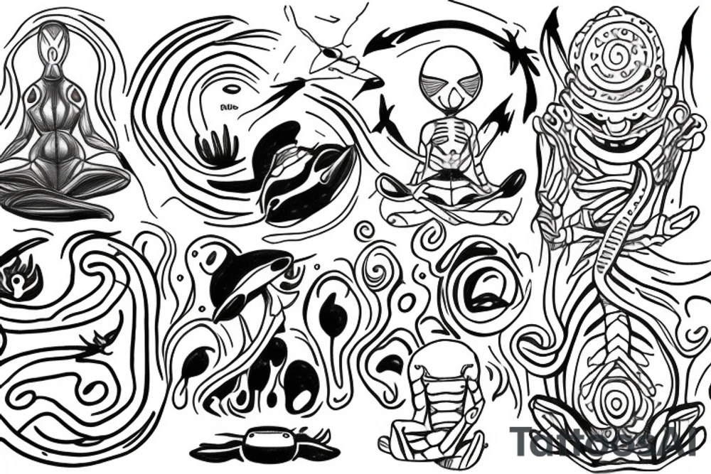 simple full body alien meditating line work tattoo idea