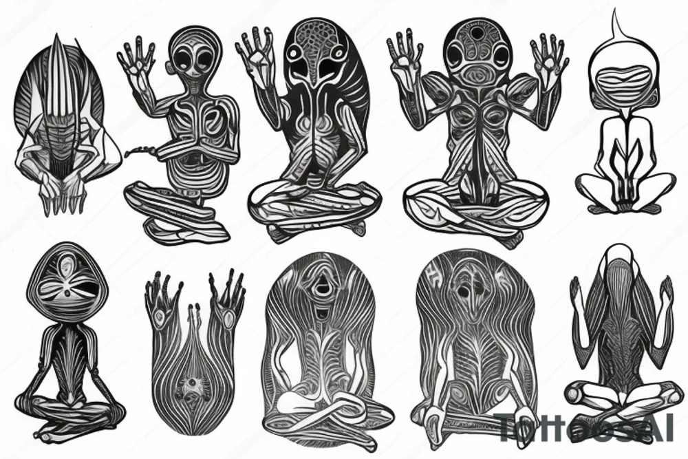 simple full body alien meditating line work tattoo idea