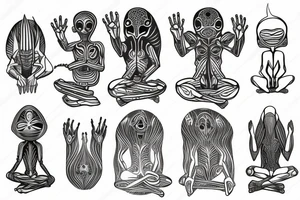 simple full body alien meditating line work tattoo idea