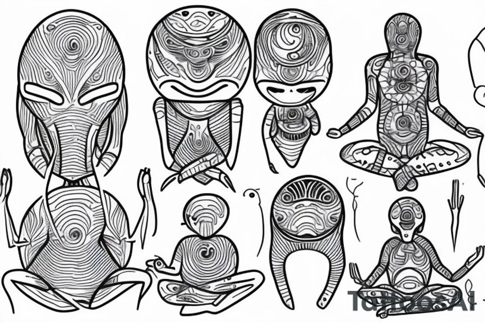 simple full body alien meditating line work tattoo idea