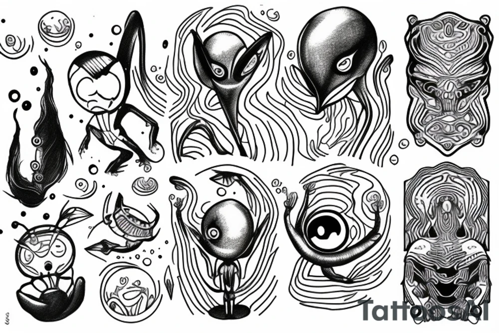 simple full body alien meditating line work tattoo idea