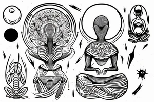 simple full body alien meditating line work tattoo idea