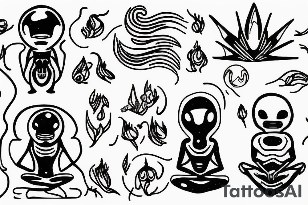 simple full body alien meditating line work tattoo idea