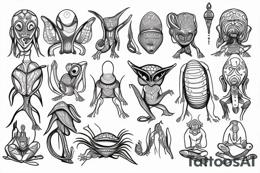 simple alien meditating line work tattoo idea