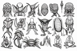 simple alien meditating line work tattoo idea