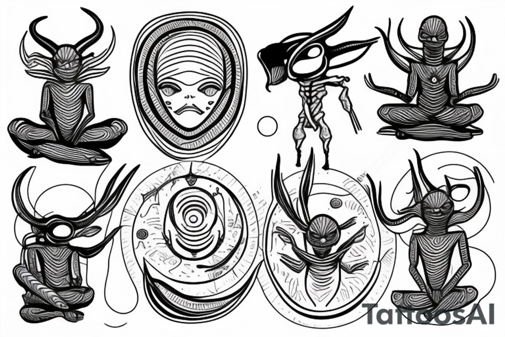 simple alien meditating line work tattoo idea
