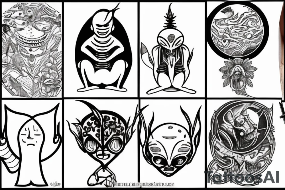 simple alien meditating line work tattoo idea