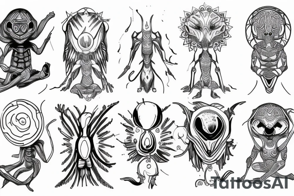 simple alien meditating line work tattoo idea