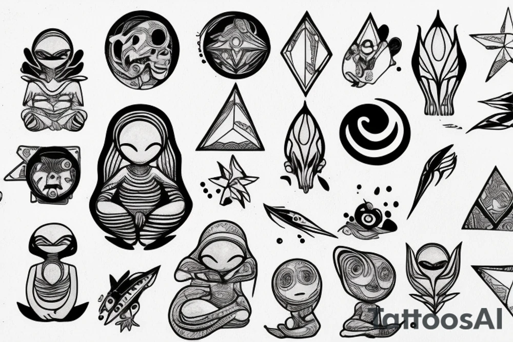 simple alien meditating line work tattoo idea