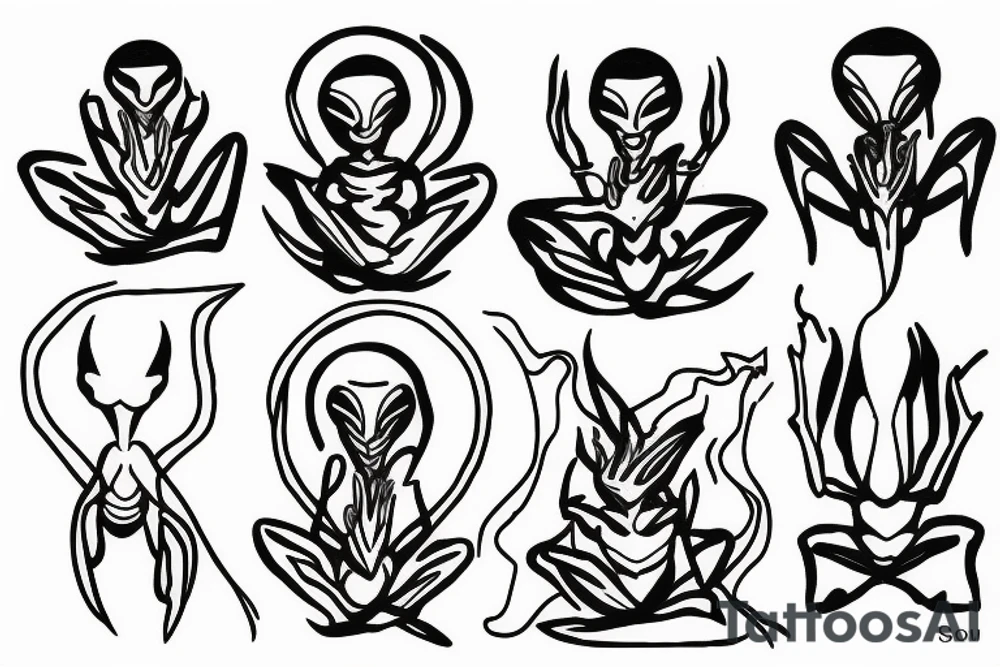 simple alien meditating line work tattoo idea