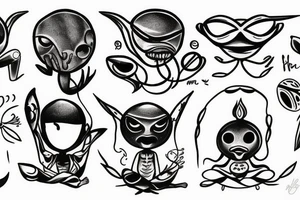 simple looking alien meditation tattoo idea