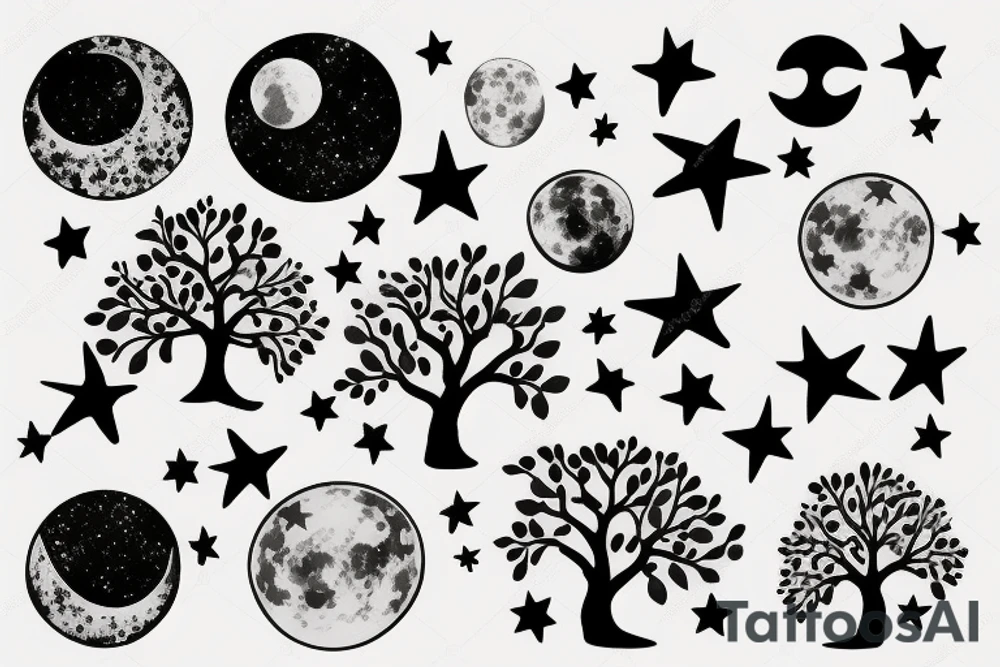 Minimalist tree moon and stars tattoo idea