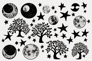 Minimalist tree moon and stars tattoo idea