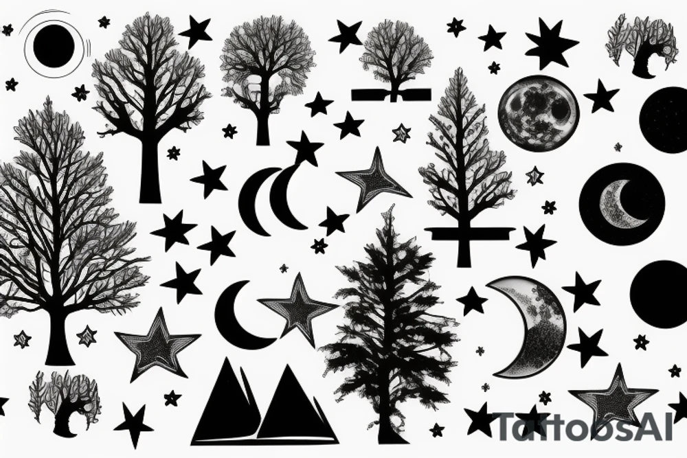 Minimalist tree moon and stars tattoo idea