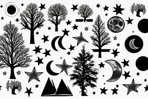 Minimalist tree moon and stars tattoo idea