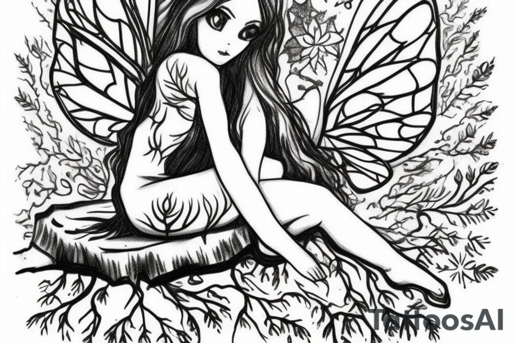 fairy sitting on tree stump in forest tattoo idea