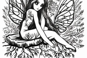 fairy sitting on tree stump in forest tattoo idea