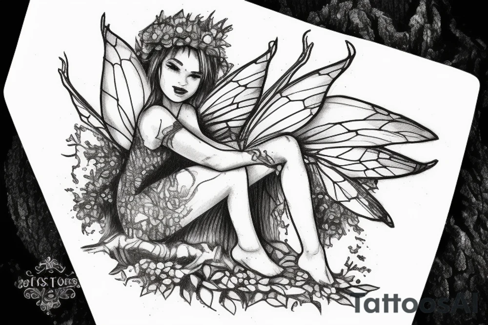 fairy sitting on tree stump in forest tattoo idea