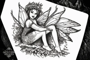 fairy sitting on tree stump in forest tattoo idea