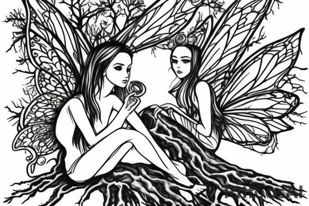 fairy sitting on tree stump in forest tattoo idea
