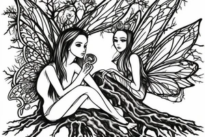 fairy sitting on tree stump in forest tattoo idea