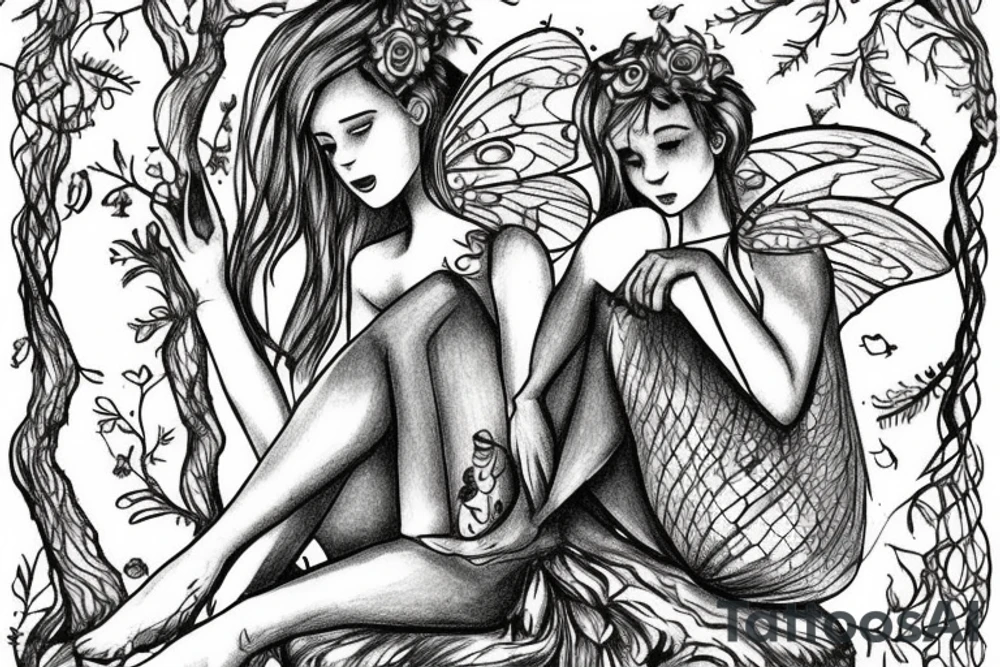 fairy sitting on tree stump in forest tattoo idea