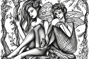 fairy sitting on tree stump in forest tattoo idea