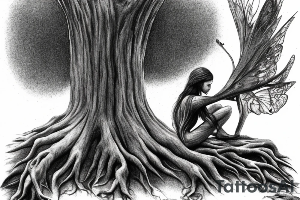 fairy sitting on tree stump in forest tattoo idea