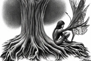 fairy sitting on tree stump in forest tattoo idea