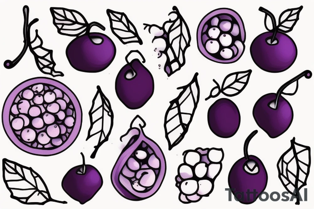 A pair of large,, round, and dark purple berries, connected by a stem. tattoo idea